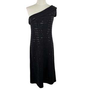 St. John Couture Shimmer Paillette Sequin One-Shoulder Dress Sparkly Black 6
